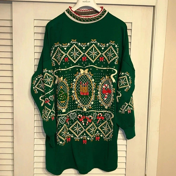 Bernette Tops - VINTAGE RARE BEAUTIFUL holiday christmas sweater/dress by Bernette OSFA Green
